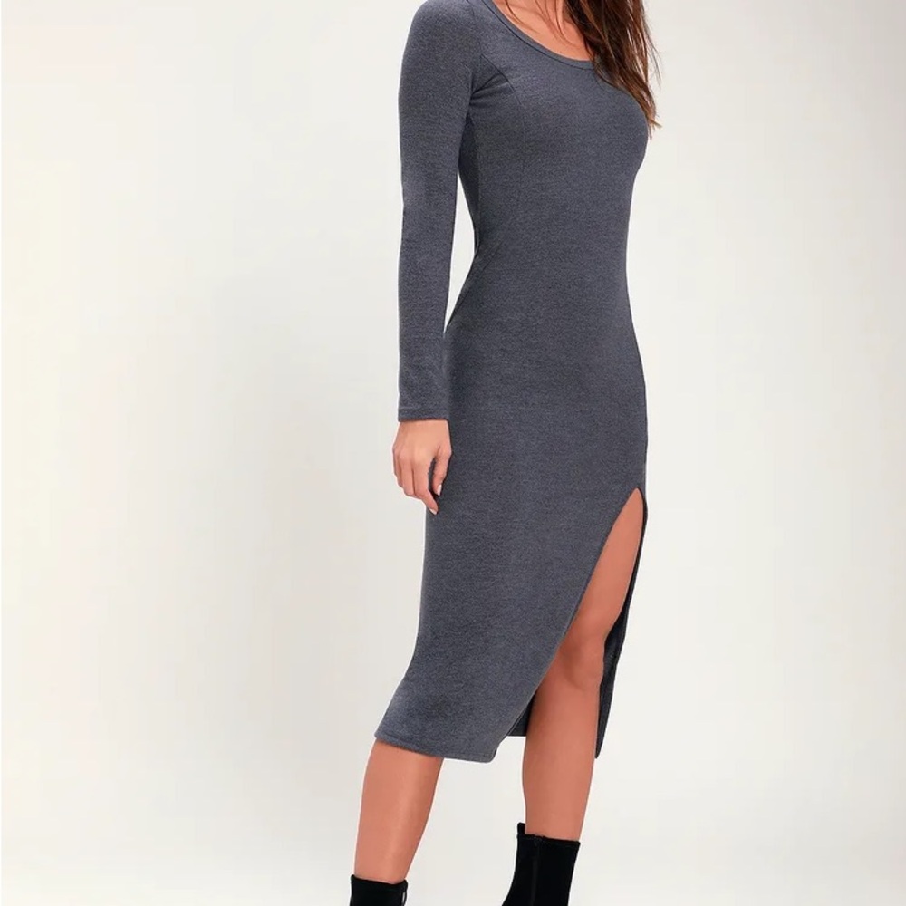 Soft and Sweet Charcoal Grey Long Sleeve Midi Dress from Lulus